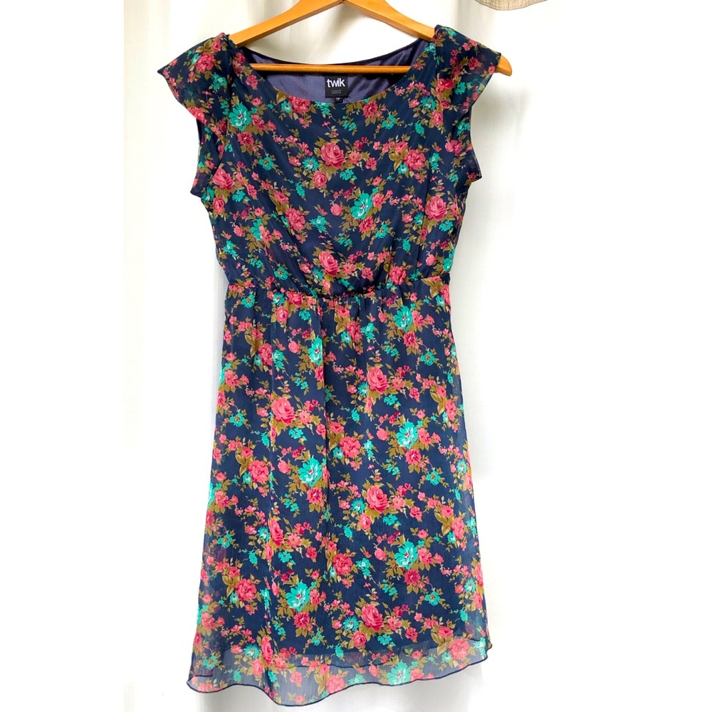 Twik Chiffon Navy Pink Teal Floral Dress